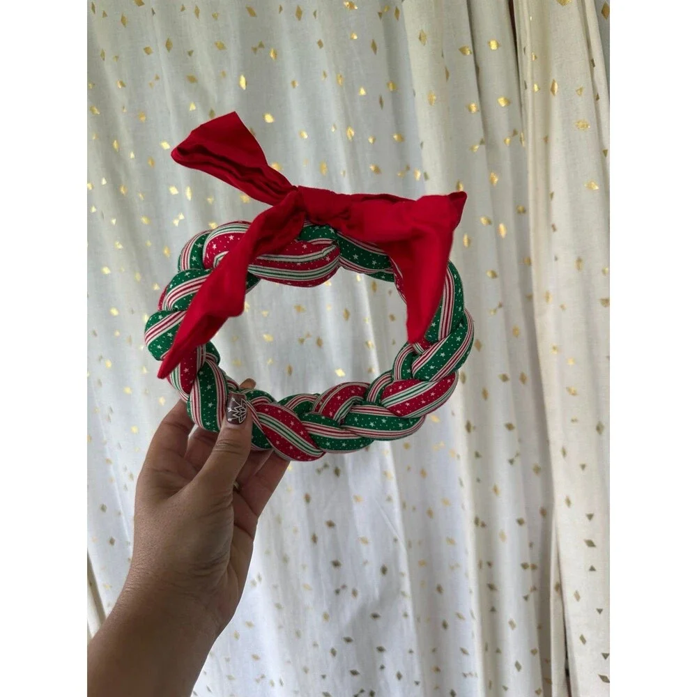 Vintage 80s Handcrafted Mini Christmas Holiday Braided Woven Fabric Wreath